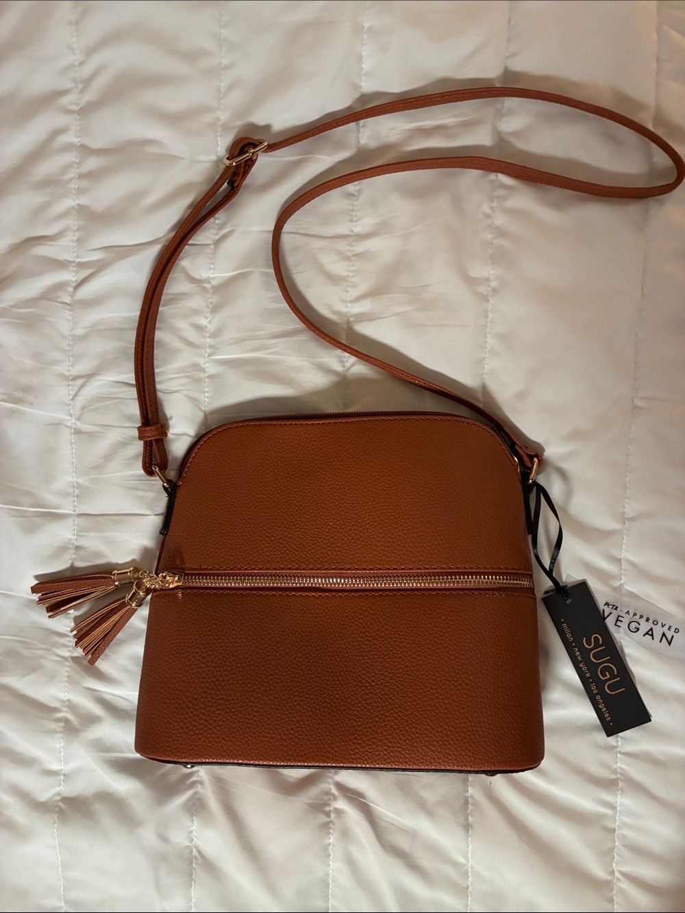 Brown Vegan Leather Crossbody Bag with Tassel Zip